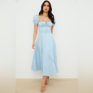 HOUSE OF CB Blue Ivory Floral Puff Sleeve Midi Dress Tallulah Spring